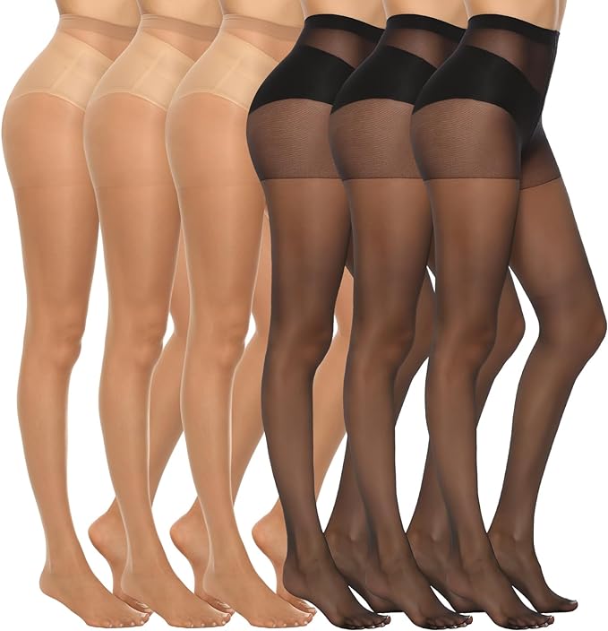 MANZI 6 Pairs Women's 20D Sheer Silky Pantyhose Run Resistant Nylon Tights High Waist Stockings with Control Top