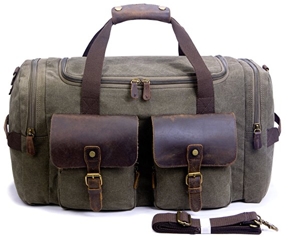 SUVOM Canvas Holdall Weekend Bag Overnight Bag Leather Travel Duffle Bag Carry On Luggage