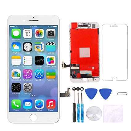 Screen Replacement Compatible with iPhone 7 Screen Replacement White LCD Display Digitizer Assembly Replacement with Screen Protector and Repair Tools kit for iPhone 7 Screen White