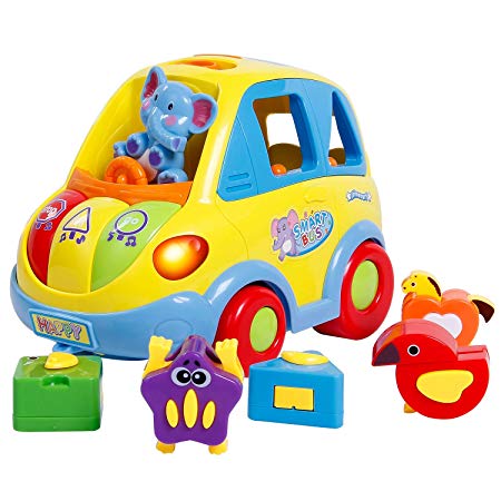 SGILE Musical Car Toy for Toddlers, Happy Elephant Educational Car Toy with Transforming Animal Block Shapes and Various Sounds and Omni-Directional Wheel