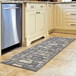 Machine Washable Boxes Design Non-Slip Rubberback 2x7 Traditional Runner Rug for Hallway, Kitchen, Bedroom, Living Room, 1'10" x 7', Gray