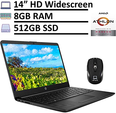 2020 Latest HP Notebook 14 Sleek Laptop Computer, 14" HD Anti-Glare Micro-Edge Widescreen, Dual-Core AMD Athlon Silver 3050U 8GB RAM 512GB SSD, Webcam Type-C Windows 10   iCarp Mouse