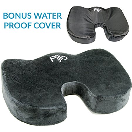 Flash Sale! Pijio Coccyx Orthopedic Comfort Memory Foam Seat Cushion - Water Proof Cover Included Free - Relieves Sciatica, Back Pain, Tailbones, Spine, Hips (Charcoal Grey)