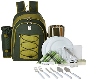 ALLCAMP Picnic Backpack for 4 Person with Cooler Compartment, Detachable Bottle/Wine Holder, Fleece Blanket, Plates and Cutlery Set, Green