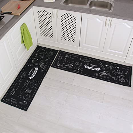 Carvapet 2 Piece Non-Slip Kitchen Mat Rubber Backing Doormat Runner Rug Set, Cozinha Design (Navy 15"x47")