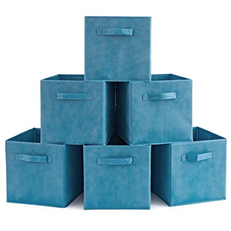 Set of 6 Foldable Fabric Basket Bin- EZOWare Collapsible Storage Cube For Nursery Home and Office - Niagara Blue