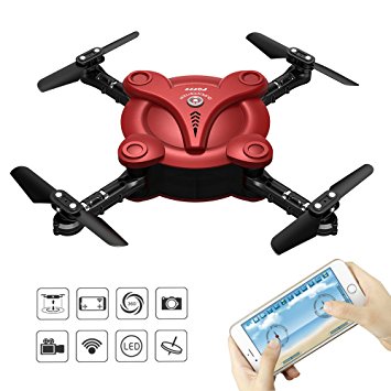 RC Quadcopter Drone with FPV Camera and Live Video - Flexiable Foldable Aerofoils - App and Wifi Control UAV - Altitude Hold 3D Flips & Rolls- 6-Axis Gyro Gravity Sensor RTF Helicopter, Red