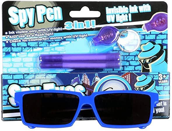 WEY&FLY Spy Pen and Spy Glasses ,Rearview Mirror Vision to See Behind You , Invisible Disappearing Ink Pen Marker Secret spy Message Writer or Kids Party Favors Ideas Gifts (Pen & Blue Glasses)