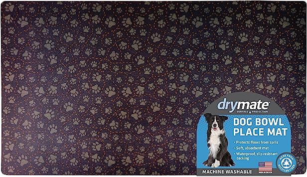 Drymate Pet Bowl Placemat, Dog & Cat Food Feeding Mat - Absorbent Fabric, Waterproof Backing, Slip-Resistant - Machine Washable/Durable (USA Made) (16” x 28”) (Paw Path Tan)