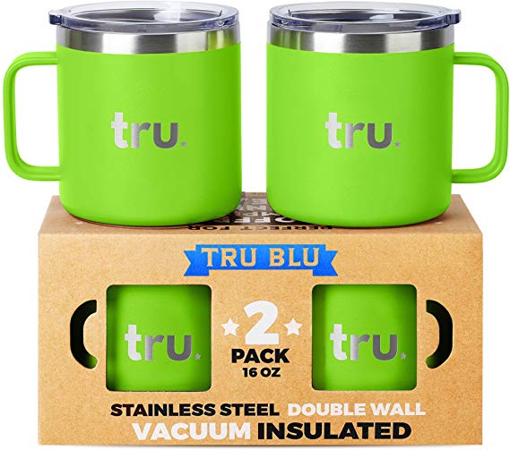 Large Stainless Steel Coffee Mugs with Lids 16 oz, Set of 2 Double Wall Vacuum Insulated Metal Mugs with Handle - Lightweight, Unbreakable, Shatterproof, Durable, BPA Free