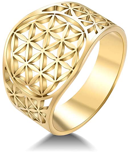 cooltime Stainless Steel Statement Ring Flower of Life Womens Band Ring Fashion Jewelry for Women Ladies