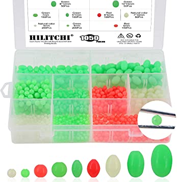 Hilitchi 1050 Pcs 9 Sizes All Luminous Fishing Beads Assorted Hard Plastic Oval Round Shaped Glow Eggs for Stream Pool Lake River Fishing (All Glow in The Dark)