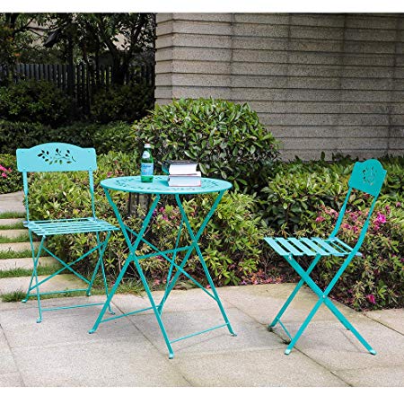 Orange-Casual 3-Piece Patio Bistro Set Steel Folding Dining Table and Chairs Garden Backyard Outdoor Furniture, Decorative Design-Blue