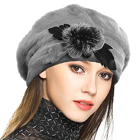 VECRY Lady French Beret 100% Wool Beret Floral Dress Beanie Winter Hat