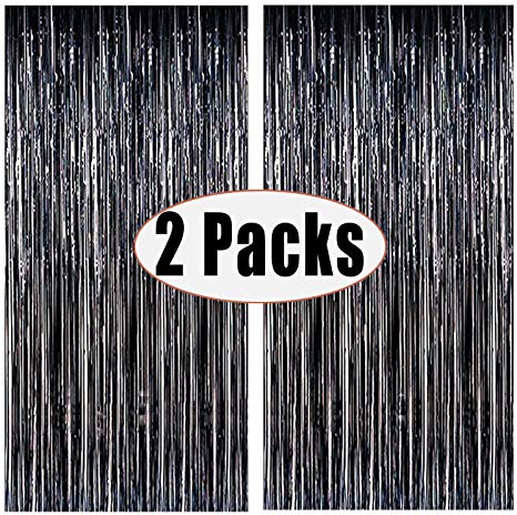 FECEDY 2pcs 3ft x 8ft Black Metallic Tinsel Foil Fringe Curtains Photo Booth Props for Birthday Wedding Engagement Bridal Shower Baby Shower Bachelorette Holiday Celebration Party Decorations