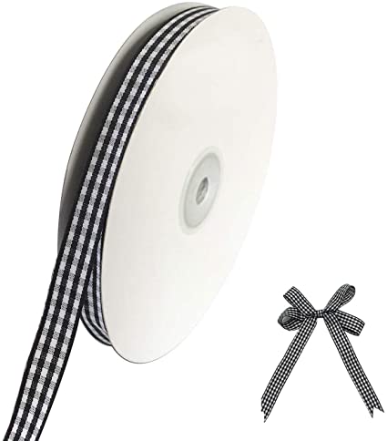 Gingham Woven Edge Ribbon, 1/4" Wide Ribbon Taffeta Plaid Ribbon 50 Yards Long Per Spool 100% Polyester Woven Edge (Black)