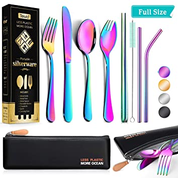 Reusable Utensils with Case - Travel Utensils - Portable Flatware Stainless Set with Waterproof Case and Straw, Knife, Fork, Spoon, Spork (Rainbow, Full size)