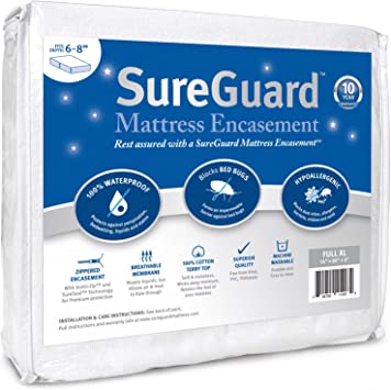 Full XL (6-8 in. Deep) SureGuard Mattress Encasement - 100% Waterproof, Bed Bug Proof - Premium Zippered Six-Sided Cover