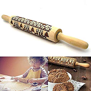 Christmas Wooden Rolling Pins, Elk Deer Engraved Embossing Rolling Pin with Christmas Symbols, Kitchen Baking Tool for Embossed Cookies Waffles Pastry Dough Pies(Deep Printing)