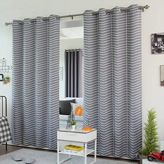 Best Home Fashion Sketched Chevron Room Darkening Curtains - Stainless Steel Grommet Top - Grey - 52"W x 96"L (Set of 2 Panels)