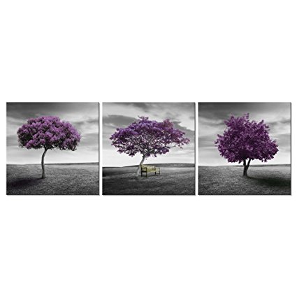 Pyradecor 3 Piece Purple Trees Modern Stretched and Framed Landscape Artwork Giclee Canvas Prints Fall Forest Pictures Paintings on Canvas Wall art for Living Room Bedroom Home Office Decorations