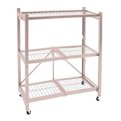 Origami 3 Shelf Foldable Storage Unit on 3" Caster Wheels, Unfolds in 5 Seconds, Holds up to 750 Pounds, Metal Organizer Wire Rack, 29" x 13" x 36", Heavy-Duty - Rose Gold