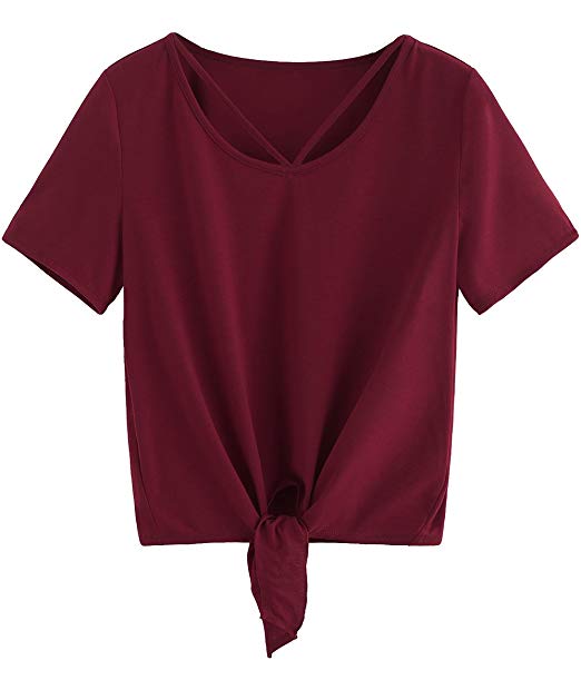 Romwe Women's Short Sleeve Tie Front Knot Casual Loose Fit Tee T-Shirt