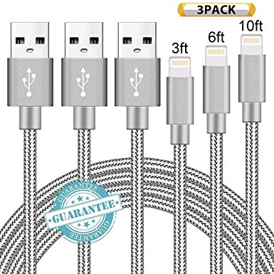DANTENG Lightning Cable 3Pack 3FT 6FT 10FT Nylon Braided Certified iPhone Cable USB Cord Charging Charger for Apple iPhone X, 8, 7, 7 Plus, 6, 6s, 6 , 5, 5c, 5s, iPad, iPod Nano, iPod Touch (Grey)