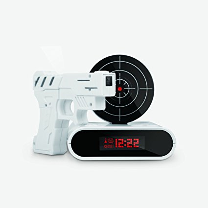 GPCT Target Recordable Gun Alarm Clock, 12hr Time Display, Recordable Voice Function, Two Game Modes and Alarm Modes - White