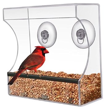 CRYSTAL CLEAR BIRD FEEDER - Suction Window Feeders Birds Cats and Kids Love - Easy to Clean and Fill - See Cardinals Finches and Orioles Feed Inches From Kitchen Windows - 100 Money Back Guarantee