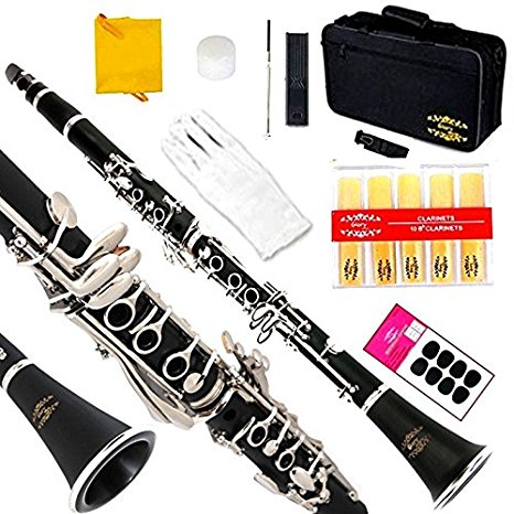 Glory B Flat Clarinet with Second Barrel, 11reeds,8 Pads Cushions,case,carekit and More Black/silver Keys