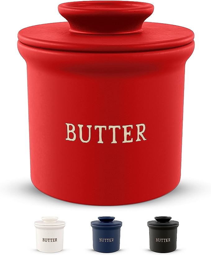 Kook Butter Keeper Dish, French Ceramic Crock with Lid, Embossed Container, For Soft Butter (Matte Red)