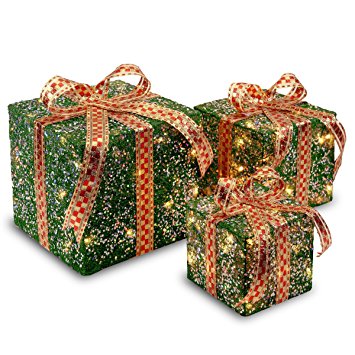 National Tree Set of 3 Assorted Green Sisal Gift Boxes with Clear Lights (MZGB-ASST-3L-1)