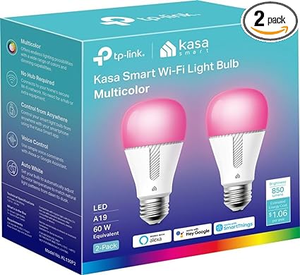 Kasa Smart TP-Link Wi-Fi 60-Watt A19 LED Light Bulb, Dimmable, No Hub Required 2-Pack (KL130) - Full Multi-Color Changing