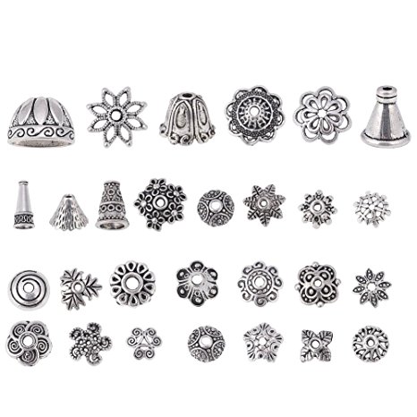 Bingcute 200Pcs Assorted Metal Tibetan Silver Bead Caps ,Bali Style Beads Making For Jewelry (Antique Silver)