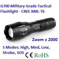 G700 Military Tactical Flashlight , LED Cree XM-L T6, Water Resistant Torch, Adjustable Focus - Zoom, 5 Modes, Brightness 2000 lm - 3 AAA alkaline batteries included.