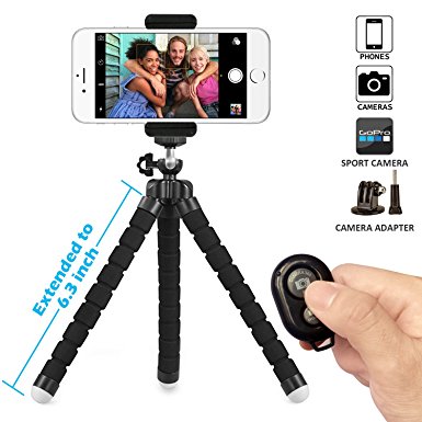 Phone Tripod, Camera Tripod, Gopro Tripod, SIX-QU Extended Version Universal Octopus flexible Tripod Pro Stand Holder with Bluetooth Wireless Remote Shutter for CellPhone,Camera Gopro