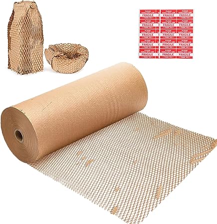 Honeycomb Packing Paper, 12" x 400' Honeycomb Cushioning Wrap Roll for Moving Shipping Packaging Gifts, Recyclable Honeycomb Paper Bubble Paper Wrapping with 20 Fragile Sticker Labels