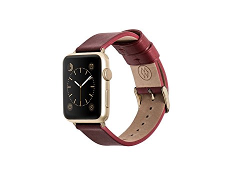 Monowear Leather Band in red for 42mm Apple Watch 1 & 2 in Yellow Gold finish