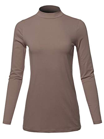 Women's Basic Solid Soft Cotton Long Sleeve Mock Neck Top Shirts (S - 3XL)