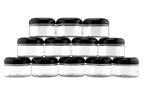 4-Ounce Clear Plastic Jars (12-Pack); Jars w/Black Domed Lids for Cosmetics, Kitchen Spices, Crafts & Office