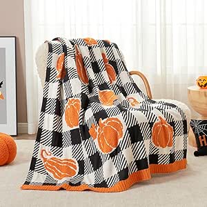 Snuggle Sac Fall Blanket Orange Pumpkin Throw Blanket for Couch 50x60 inches, Ribbed Jacquard Ultra Soft Decorative Blanket, Black White Checkered Pumpkin Throw Blankets for Halloween Harvest Gifts