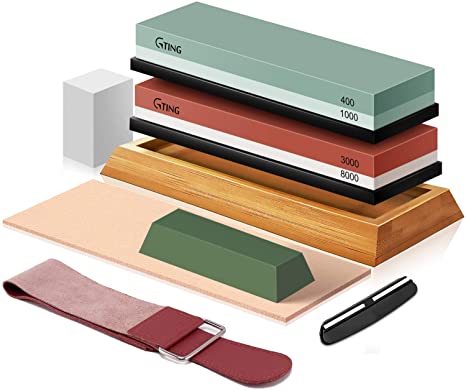 Knife Sharpening Stone Set, G-TING 400/1000 and 3000/8000 Grit Whetstone Knife Sharpener Kit with Leather Razor Strop, Leather Honing Strop, Polishing Compound, Bamboo Base and Flattening Stone