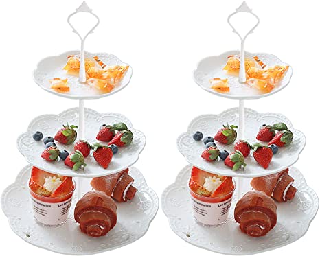 2 Set of 3-Tier Cupcake Stand Fruit Plate Cakes Desserts Fruits Snack Candy Buffet Display Tower Plastic White for Wedding Home Birthday Tea Party Serving Platter (Round)