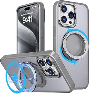 Mangix for iPhone 15 Pro Max Case,360° Rotatable & Invisible Magnetic Ring Stand Compatible with MagSafe, Anti-Fingerprint Protective Cover Translucent Back for iPhone 15 ProMax Case (Titanium Black)