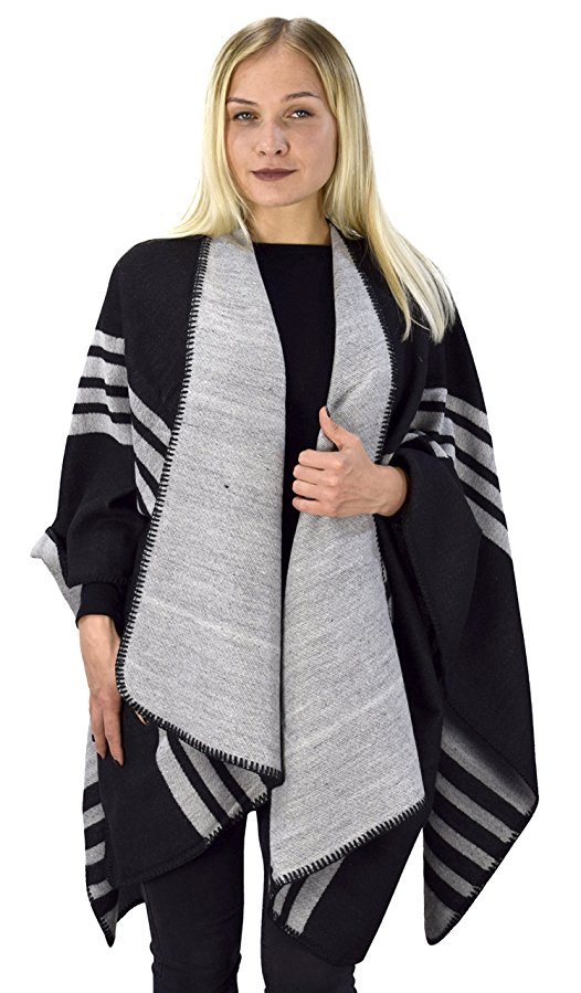 Peach Couture Womens Thick Warm Geometric Striped Poncho Blanket Wrap Shawl