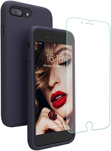 Compatible with iPhone 8 Plus Case/iPhone 7 Plus Case, JASBON Liquid Silicone Case with Free Screen Protector Gel Rubber Shockproof Cover Full Protective Case for iPhone 8 Plus/iPhone 7 Plus-Dark Blue