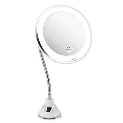 Glam Hobby Led 10X Magnifying Makeup Mirror Lighted Vanity Bathroom Square Mirror with 360 Degree Swivel Rotation, Flexible Gooseneck, and Locking Suction