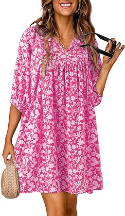 Dokotoo Womens Summer Casual Dresses Boho Floral Drawstring V Neck Chiffon Lantern Sleeve Beach Mini Dress Sundress