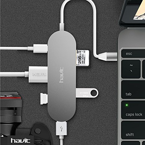 HAVIT Powered USB-C Hub, 1 HDMI (Supports 4K @60HZ ), 1 USB-C Input Charging Port with Power Delivery / PD, 3 SuperSpeed USB 3.0 Ports, 1 SD/SDHC Card Reader, Silver